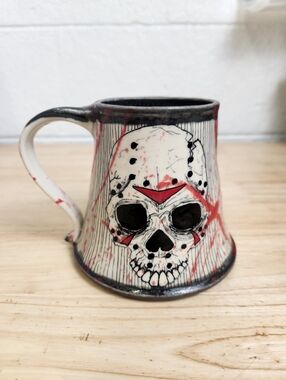 Scrimshaw Pottery Gaboury Ceramic Mug  Glossy Blood Splatter Jason Mask Skull